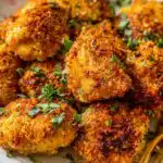 Baked Parmesan crusted chicken thighs on a wire rack with a golden crispy crust and fresh herb garnish