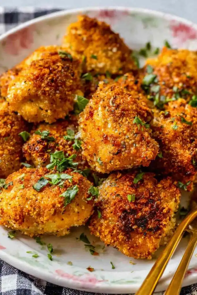 Baked Parmesan Crusted Chicken Thighs 6 Baked Parmesan crusted chicken thighs on a wire rack with a golden crispy crust and fresh herb garnish