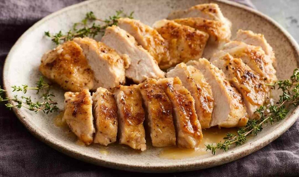 Butter baked chicken in a white baking dish with creamy white gravy bubbling around golden flour-coated chicken breasts fresh from the oven