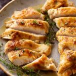 Butter baked chicken in a white baking dish with creamy white gravy bubbling around golden flour-coated chicken breasts fresh from the oven