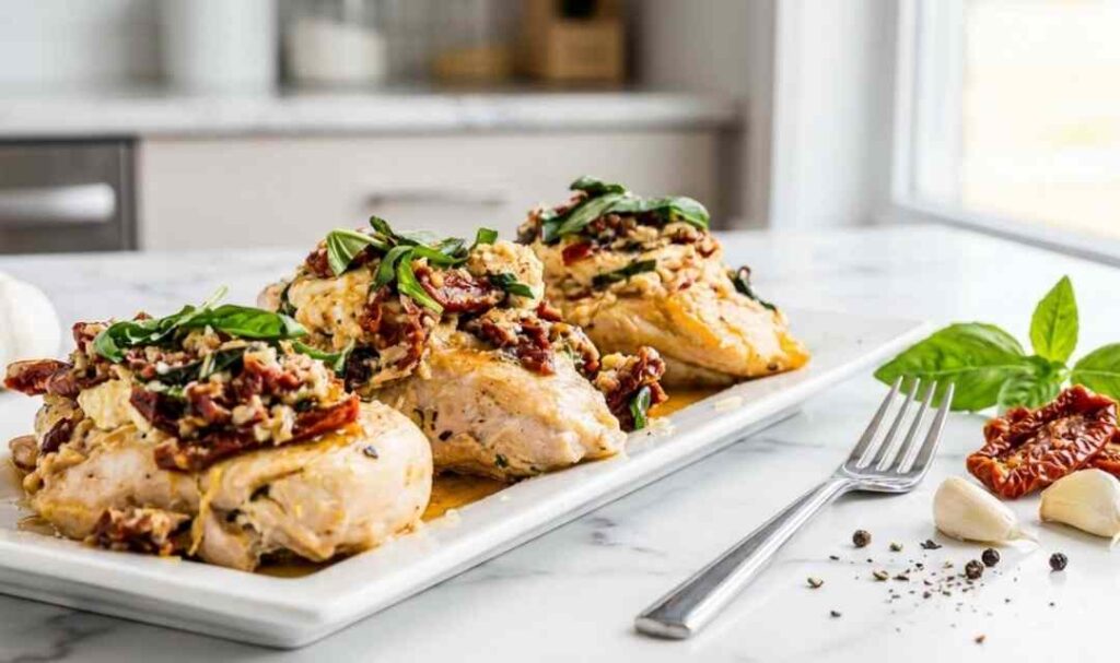 Chicken Bryan Carrabba's copycat with melted goat cheese and sun-dried tomato cream sauce on a white plate with fresh basil