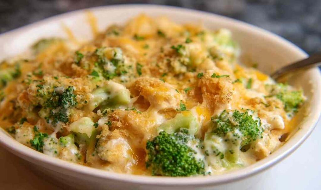 Chicken divan casserole baked golden and bubbly in a white square baking dish