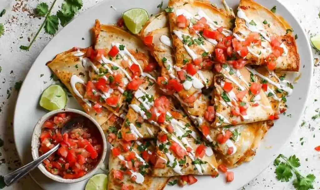 Crispy chicken fajita quesadilla sliced into wedges on a wooden board with salsa and sour cream