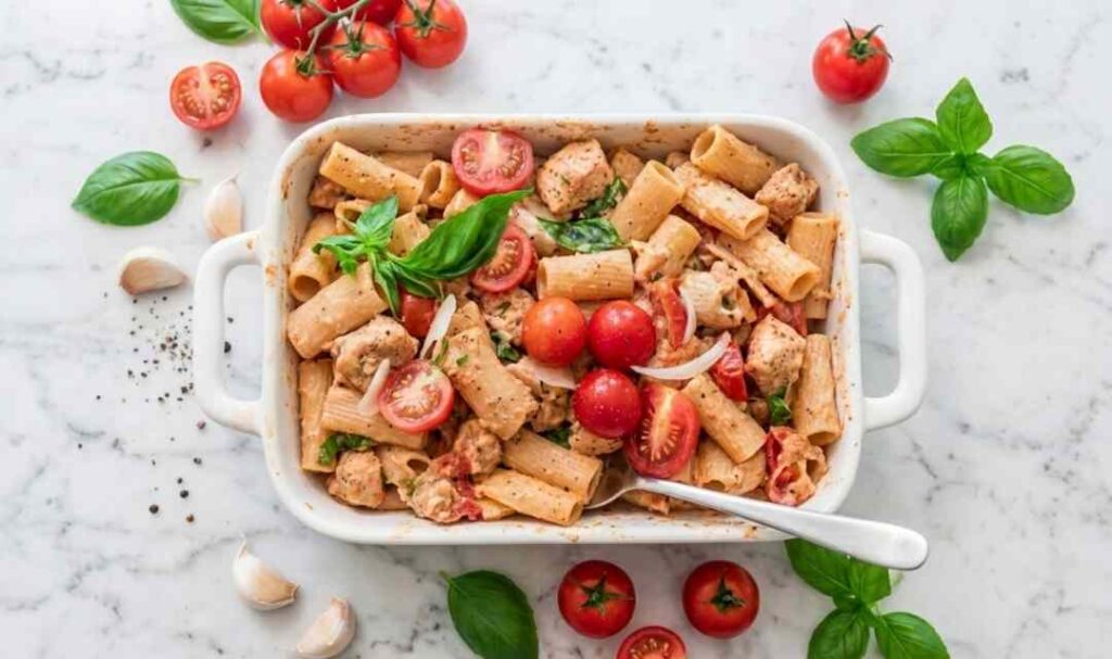 Baked chicken feta pasta in a white baking dish with golden feta, roasted cherry tomatoes, and fresh basil