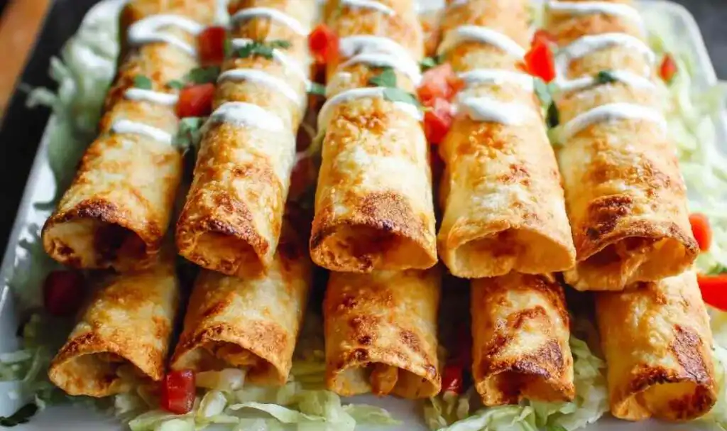 Crispy fried chicken flautas on a plate with sour cream, salsa, and shredded lettuce