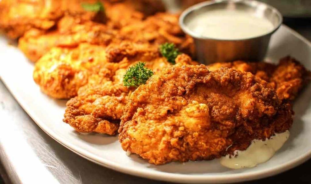 Crispy chicken fried chicken smothered in peppery white gravy on a white plate with mashed potatoes