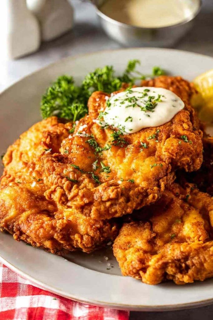 Crispy chicken fried chicken smothered in peppery white gravy on a white plate with mashed potatoes