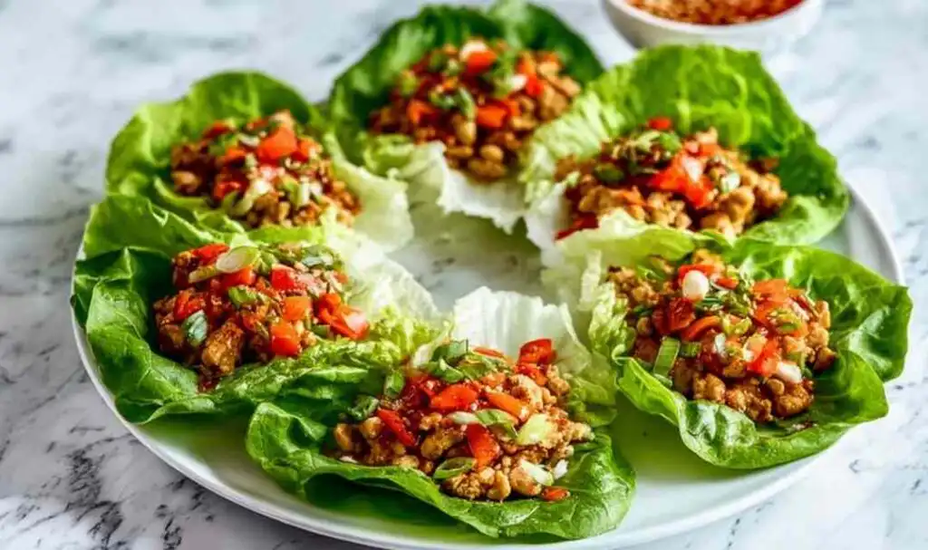 Chicken lettuce wraps with seasoned ground chicken filling, rice, and toppings served in butter lettuce cups