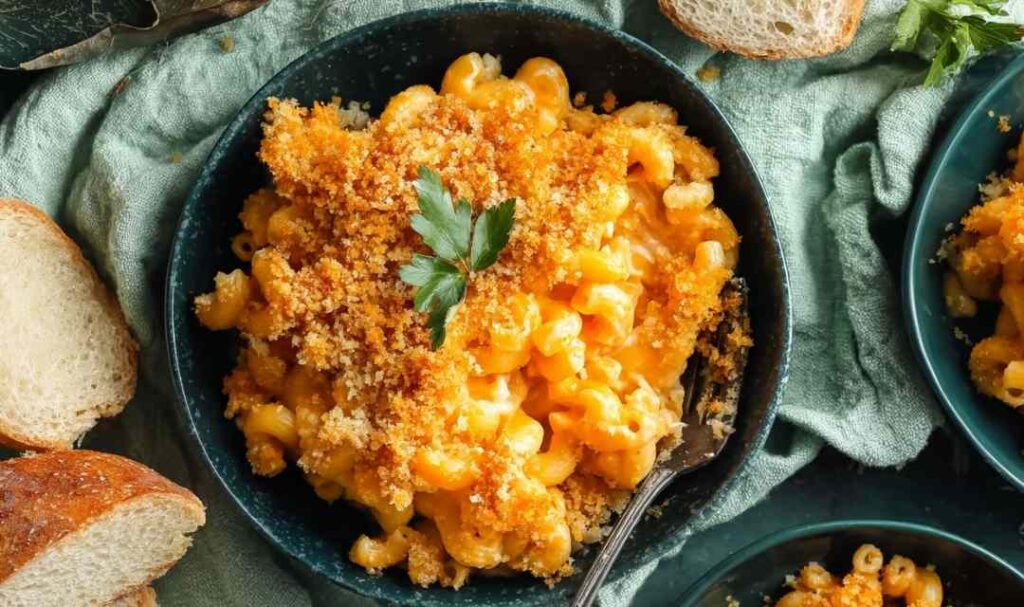 Chicken mac and cheese casserole in a 9x13 baking dish with golden Panko topping and melted cheddar cheese