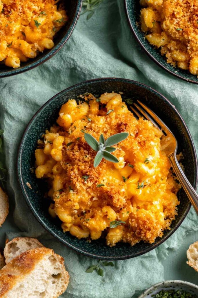 Chicken mac and cheese casserole in a 9x13 baking dish with golden Panko topping and melted cheddar cheese