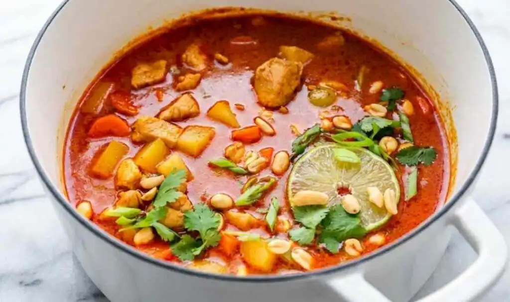 Chicken Massaman Curry served over jasmine rice in a bowl, garnished with roasted peanuts, fresh cilantro, and a lime wedge