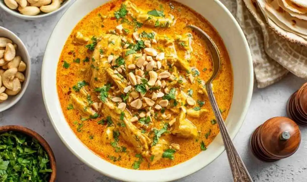 Chicken Mulligatawny Soup 5 A bowl of chicken mulligatawny soup topped with roasted cashews and fresh cilantro on a rustic wooden table