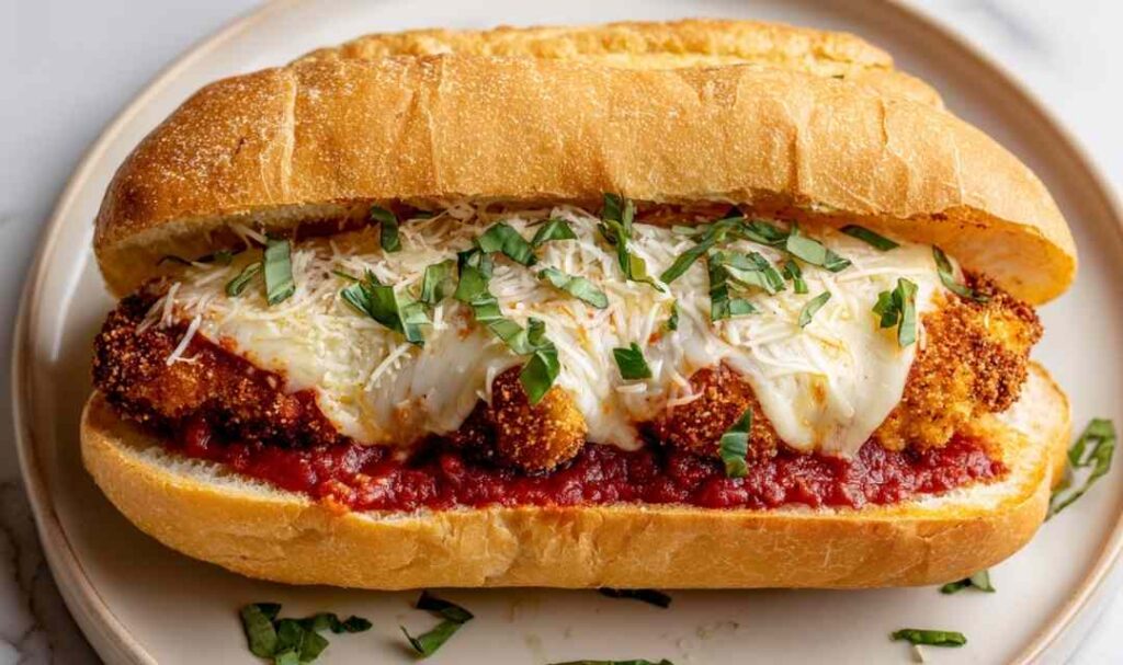 Crispy chicken parm sandwich with melted mozzarella and marinara sauce on a toasted hoagie roll
