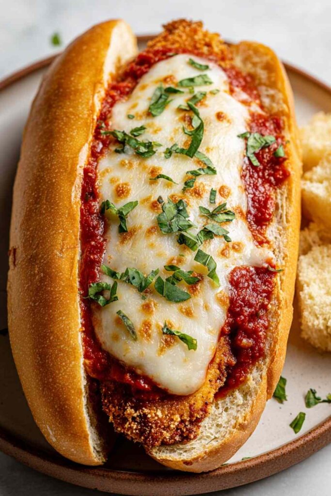 Crispy chicken parm sandwich with melted mozzarella and marinara sauce on a toasted hoagie roll