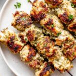 Chicken Spiedini Recipe with Amogio Sauce on a cast iron grill pan with golden Panko crust