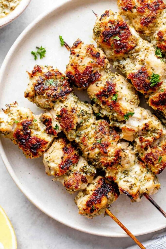 Chicken Spiedini Recipe with Amogio Sauce on a cast iron grill pan with golden Panko crust