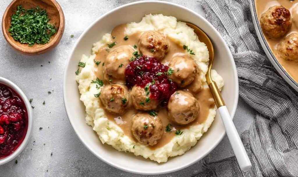 Chicken Swedish meatballs in creamy gravy served over mashed potatoes with fresh parsley garnish