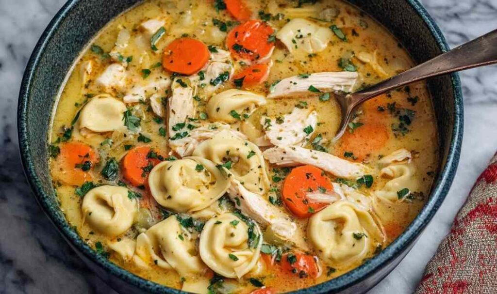 A bowl of chicken tortellini soup with shredded chicken, cheese tortellini, diced carrots, and fresh parsley garnish