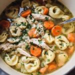 A bowl of chicken tortellini soup with shredded chicken, cheese tortellini, diced carrots, and fresh parsley garnish