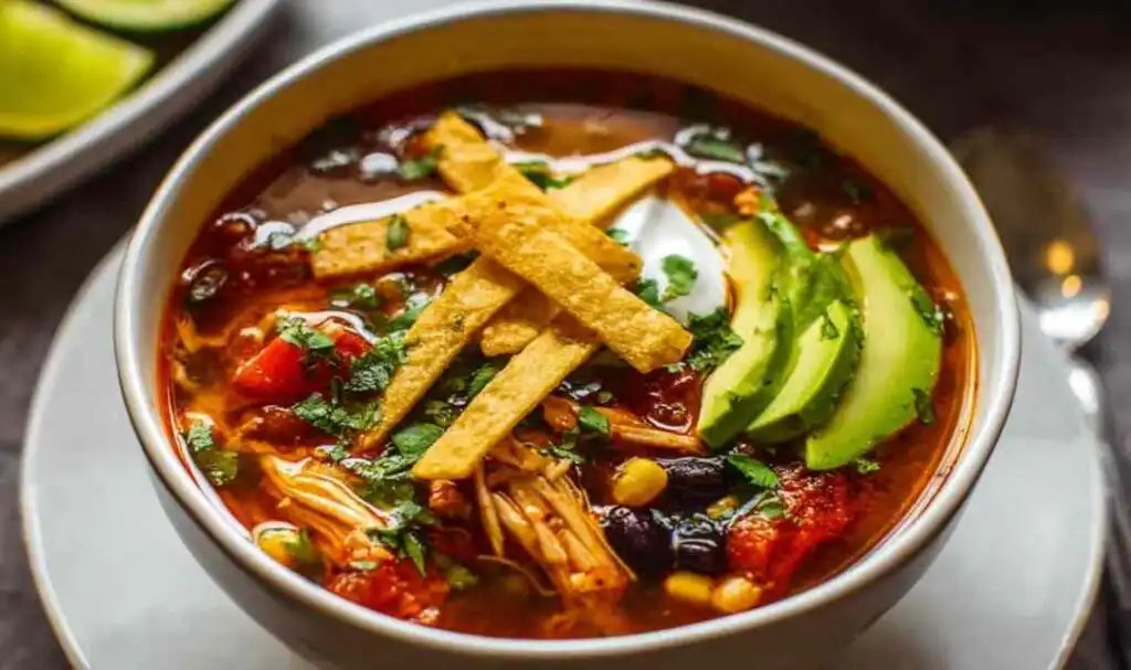 Bowl of homemade chicken tortilla soup topped with crispy baked tortilla strips, shredded cheddar, and fresh cilantro