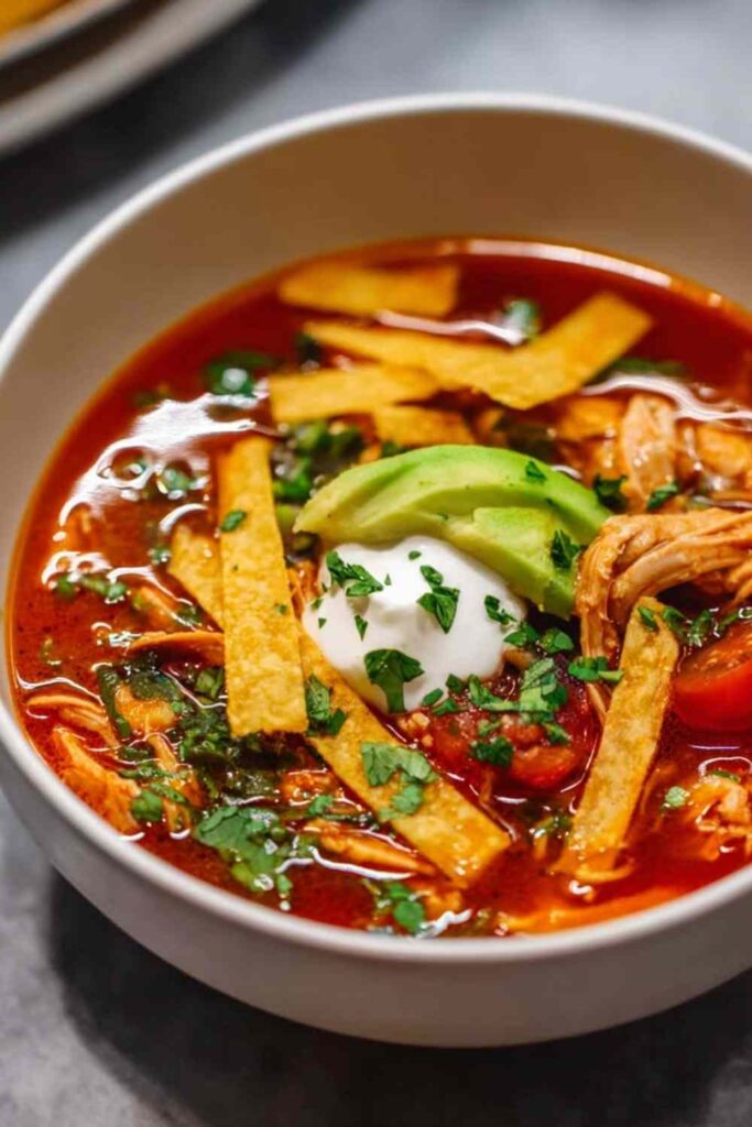 Bowl of homemade chicken tortilla soup topped with crispy baked tortilla strips, shredded cheddar, and fresh cilantro