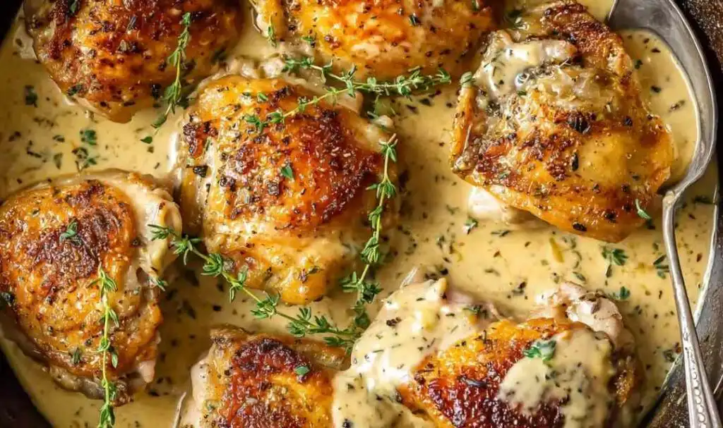 Chicken in White Wine Sauce 5 Chicken in white wine sauce with crispy golden skin in a cast iron skillet with three-mustard cream sauce and fresh thyme