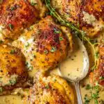 Chicken in white wine sauce with crispy golden skin in a cast iron skillet with three-mustard cream sauce and fresh thyme