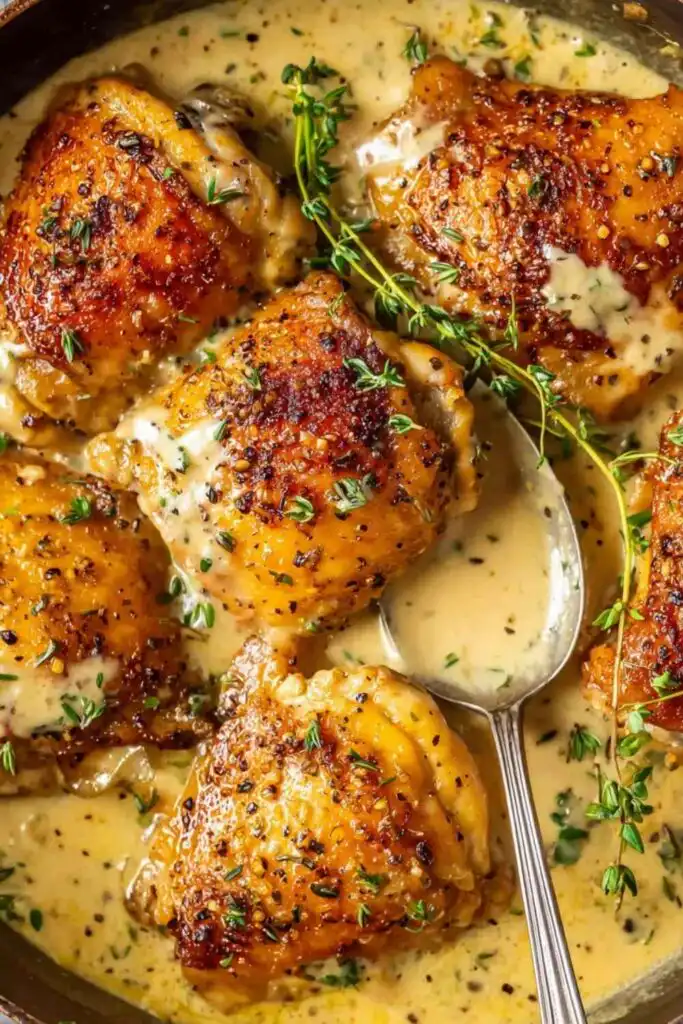 Chicken in White Wine Sauce 6 Chicken in white wine sauce with crispy golden skin in a cast iron skillet with three-mustard cream sauce and fresh thyme