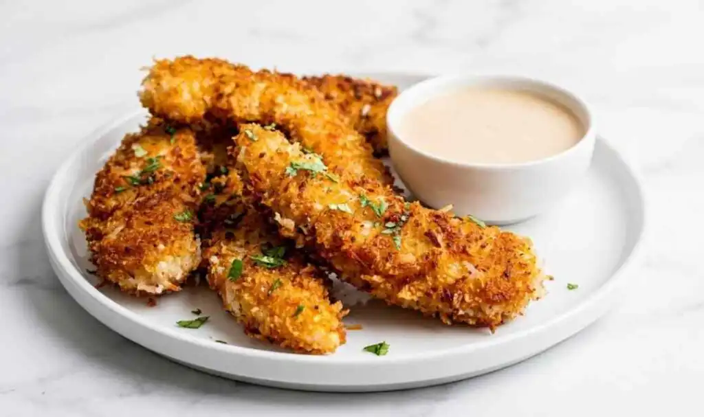 Crispy coconut chicken tenders on a plate served with pina colada dipping sauce