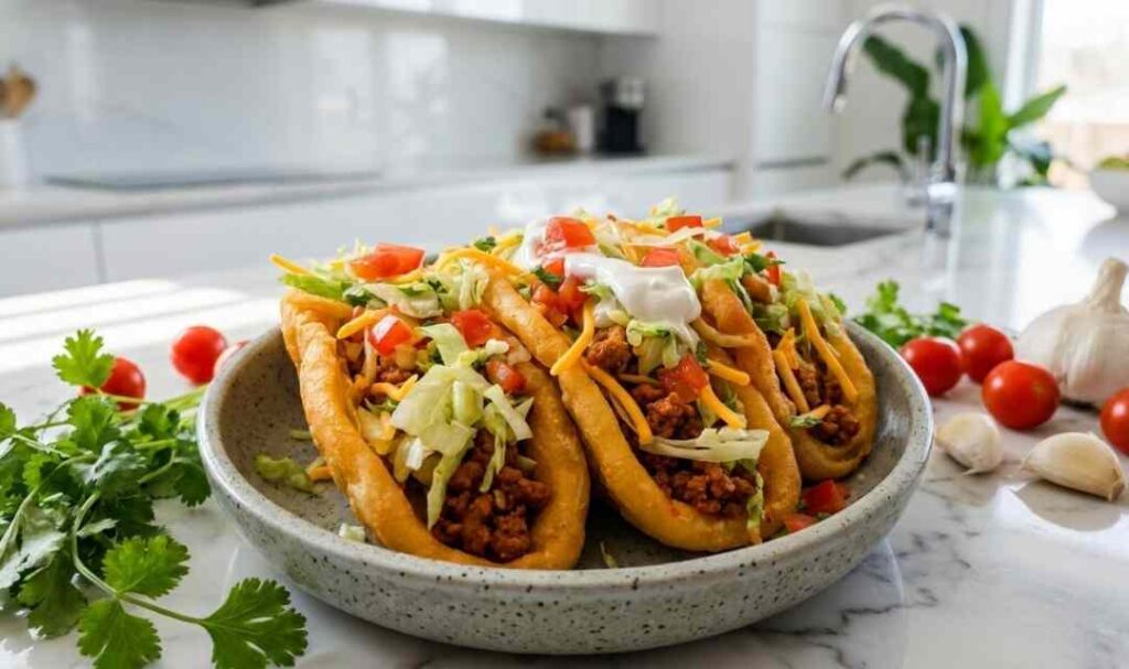 Copycat chalupas with crispy homemade shells filled with seasoned ground beef, sour cream, lettuce, tomatoes, and cheddar cheese on a wooden board