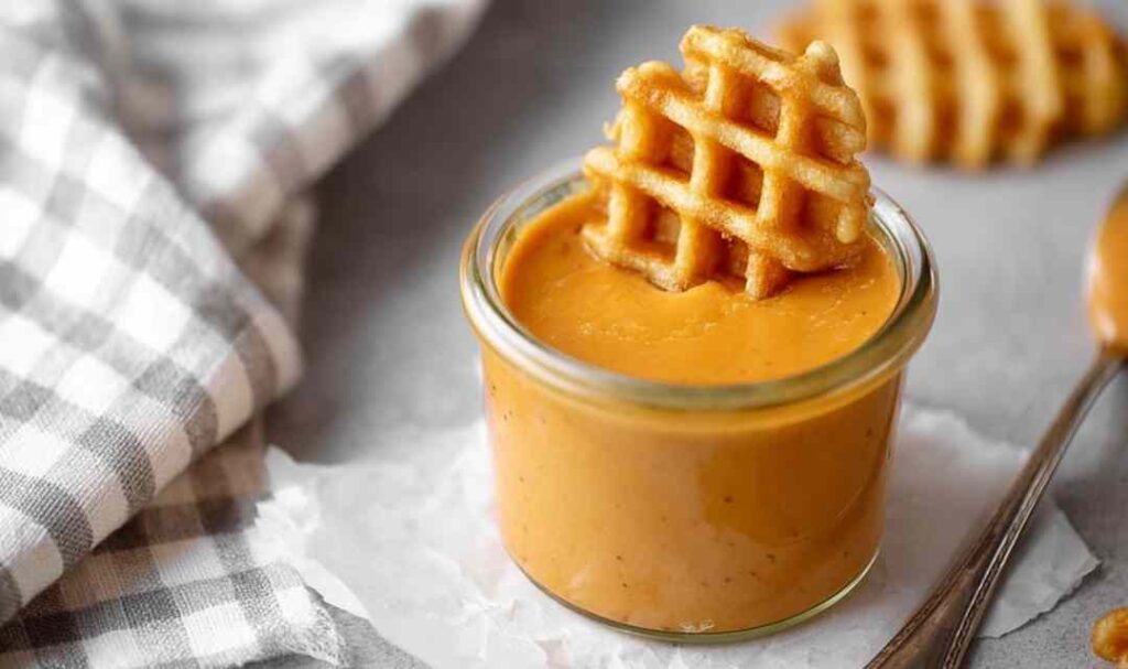 Homemade Chick-Fil-A sauce copycat in a small white bowl surrounded by crispy chicken nuggets