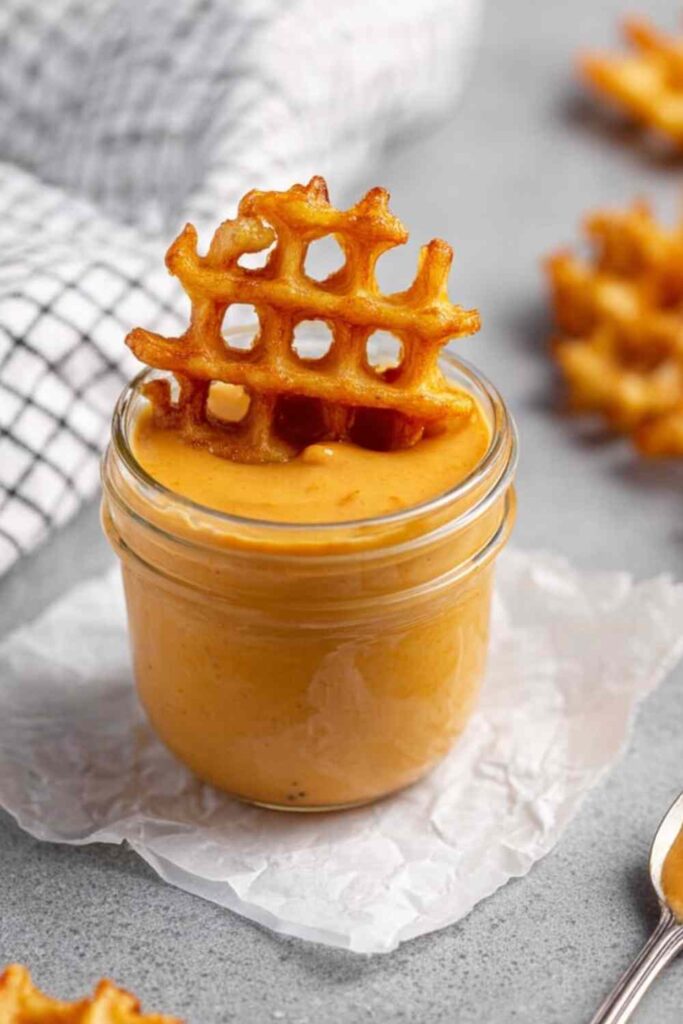 Homemade Chick-Fil-A sauce copycat in a small white bowl surrounded by crispy chicken nuggets