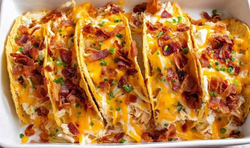 Crack chicken tacos baked in crunchy shells topped with melted cheese and crispy bacon
