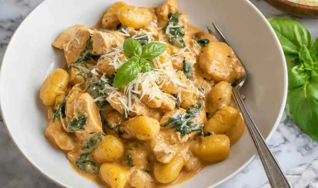 One pan creamy chicken gnocchi with sun-dried tomato pesto cream sauce and wilted spinach in a Dutch oven
