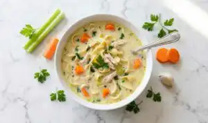 A bowl of creamy chicken noodle soup with shredded chicken, egg noodles, diced carrots, and fresh parsley garnish