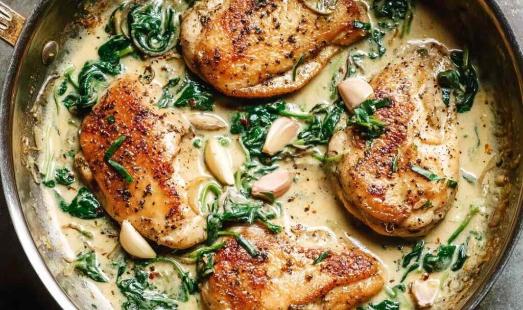 Creamy garlic chicken in a skillet with wilted baby spinach and whole toasted garlic cloves in a white wine cream sauce