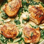 Creamy garlic chicken in a skillet with wilted baby spinach and whole toasted garlic cloves in a white wine cream sauce