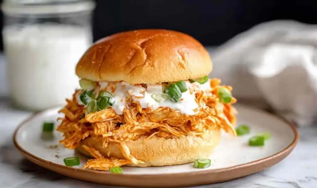 Slow cooker buffalo chicken shredded in a crockpot with buffalo sauce and butter