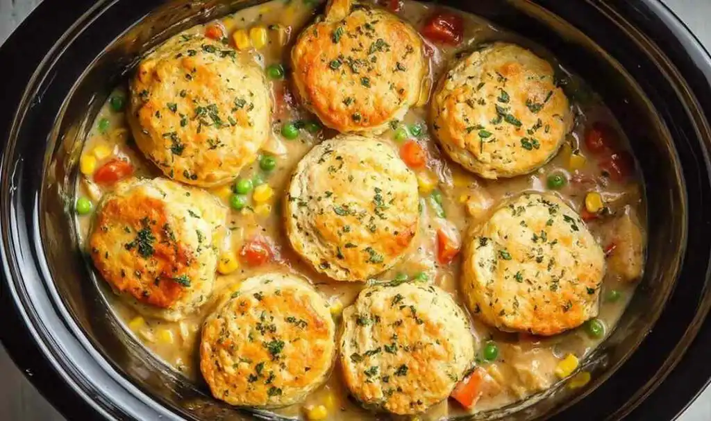Crockpot chicken pot pie recipe served in a bowl topped with a golden fluffy biscuit brushed with garlic butter