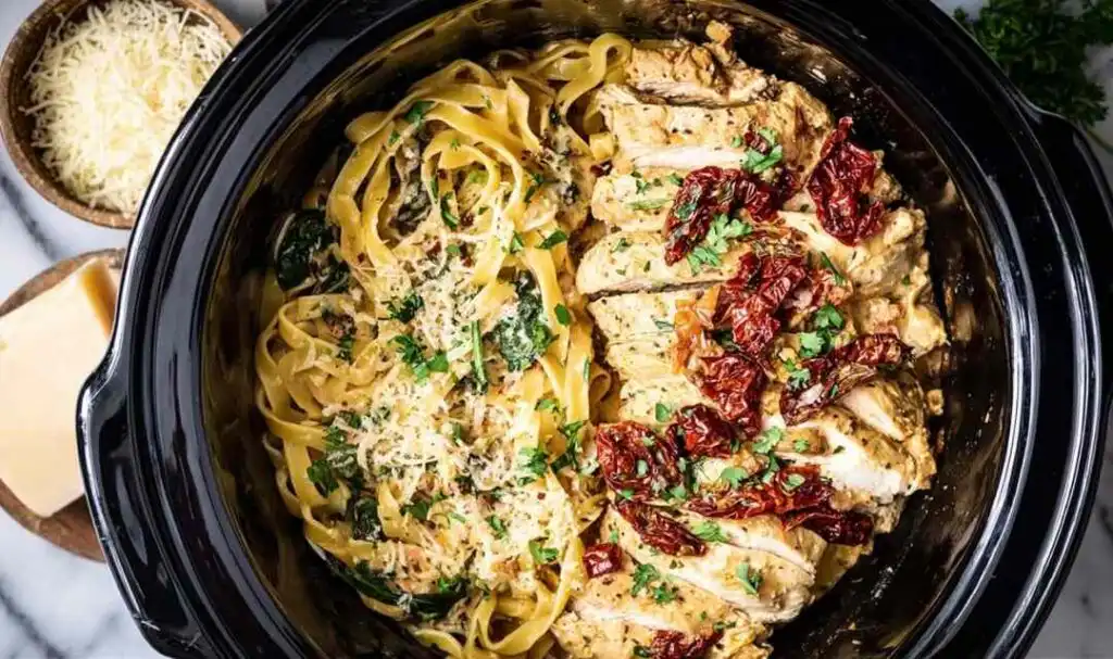 Creamy Crockpot Tuscan chicken served over fettuccine pasta with sun-dried tomatoes and Parmesan