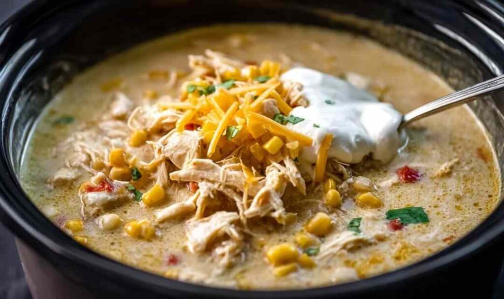 Crockpot white chicken enchilada soup recipe served in a bowl topped with avocado, sour cream, shredded cheese, and tortilla strips