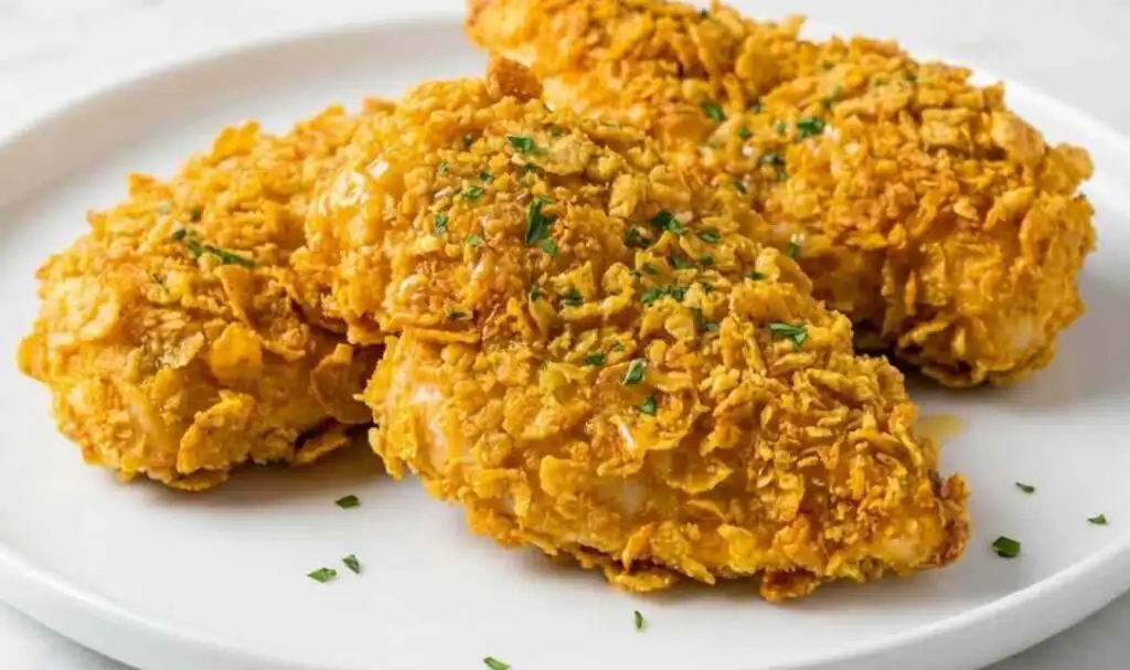 Crispy Cool Ranch Dorito Chicken baked golden in a baking dish with a crunchy Dorito crust