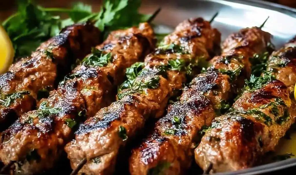 Grilled chicken kafta skewers on a plate with warm pita bread and lemon wedges