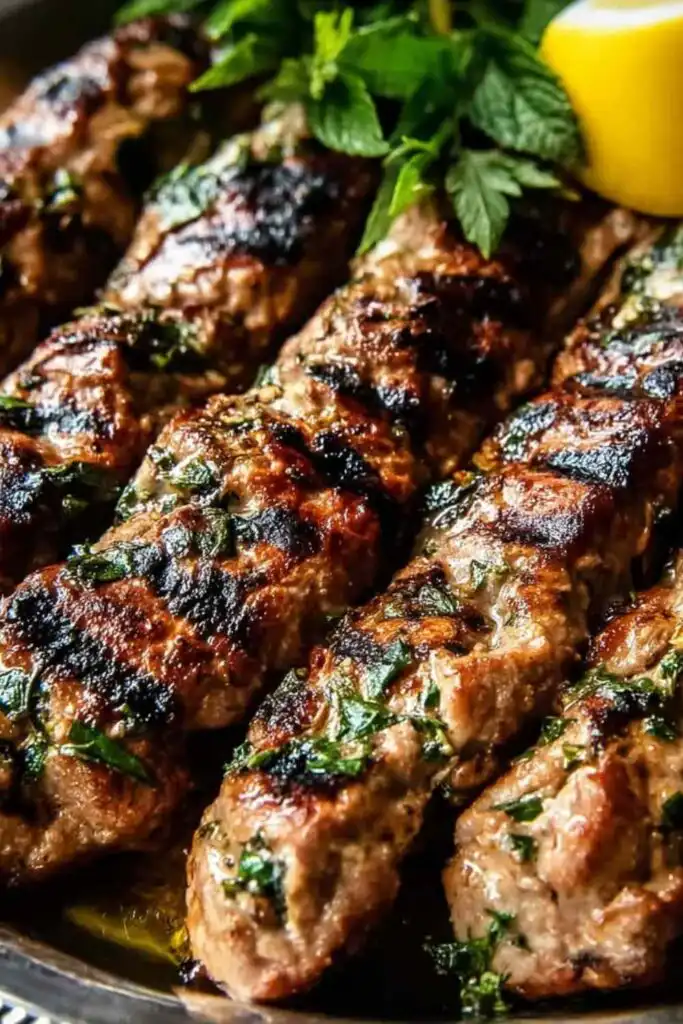 Grilled chicken kafta skewers on a plate with warm pita bread and lemon wedges