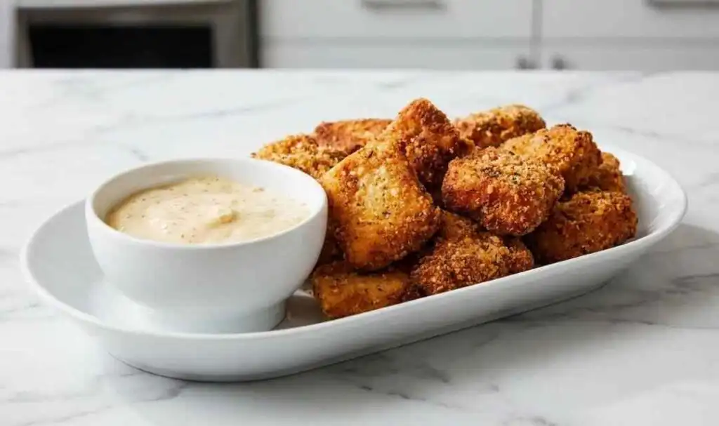 Homemade fried chicken nuggets golden and crispy on a plate with honey mustard dipping sauce