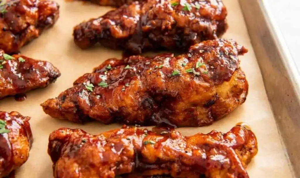 Crispy honey BBQ chicken tenders caramelized on a parchment-lined baking sheet fresh from the broiler