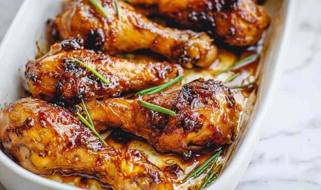 Honey soy chicken drumsticks oven-baked with sticky caramelized glaze, garnished with green onions and sesame seeds