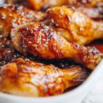 Honey soy chicken drumsticks oven-baked with sticky caramelized glaze, garnished with green onions and sesame seeds