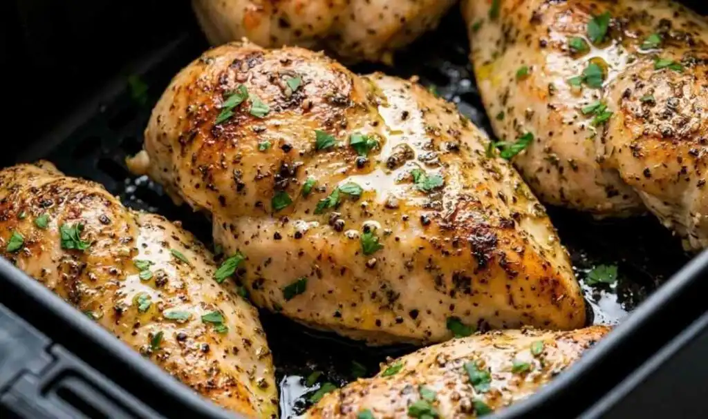 Juicy sliced Instant Pot chicken breast on a white plate garnished with fresh parsley