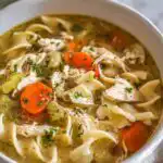Instant Pot chicken noodle soup in a white bowl with shredded chicken, egg noodles, carrots, and fresh parsley
